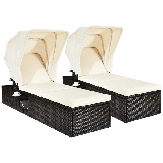 Tangkula Outdoor Chaise Lounge Chair with Folding Canopy, Adjustable Cushioned Reclining Chair with Flip-up Tea Table - HW63197+