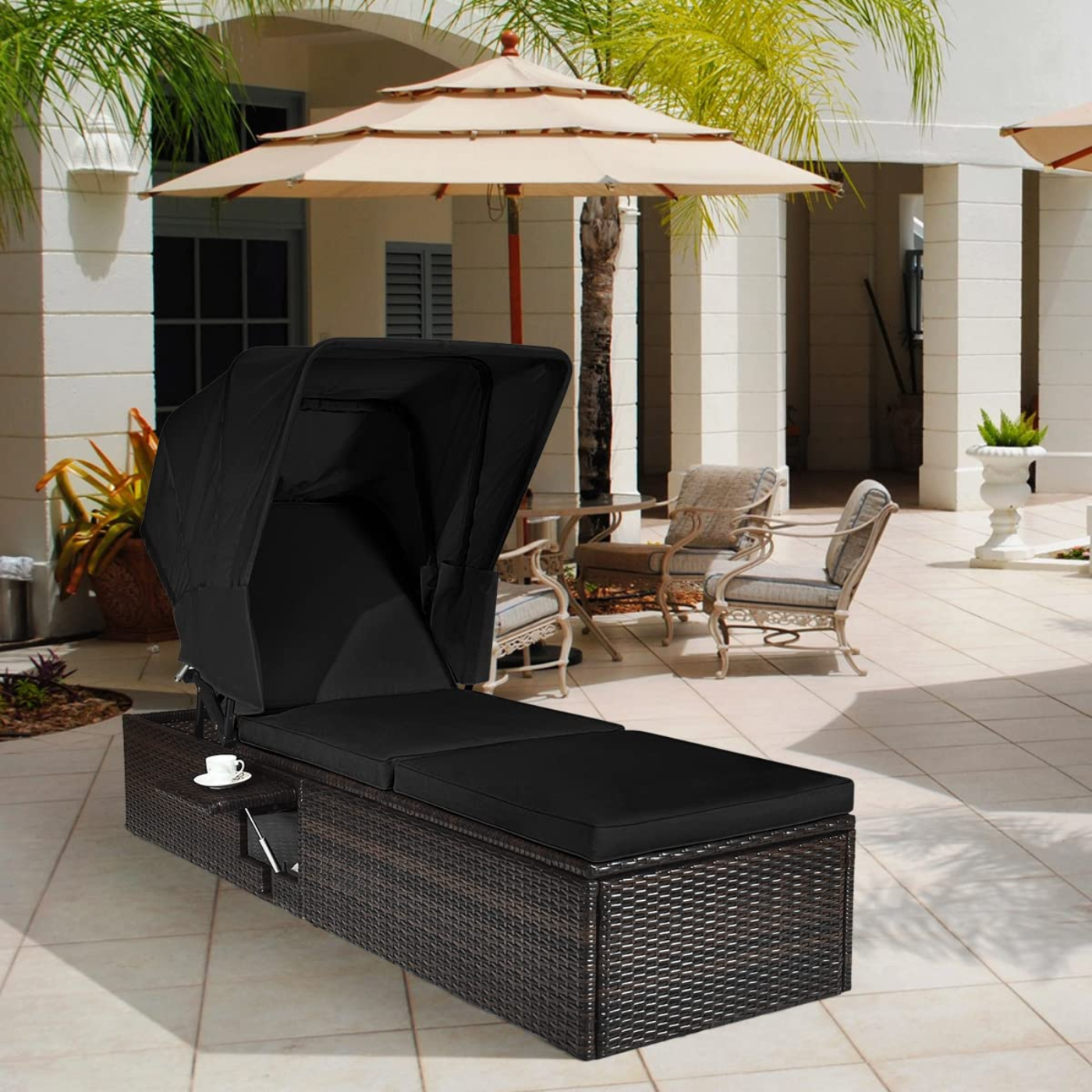 Tangkula Outdoor Chaise Lounge Chair with Folding Canopy, Adjustable Cushioned Reclining Chair with Flip-up Tea Table - HW63197+