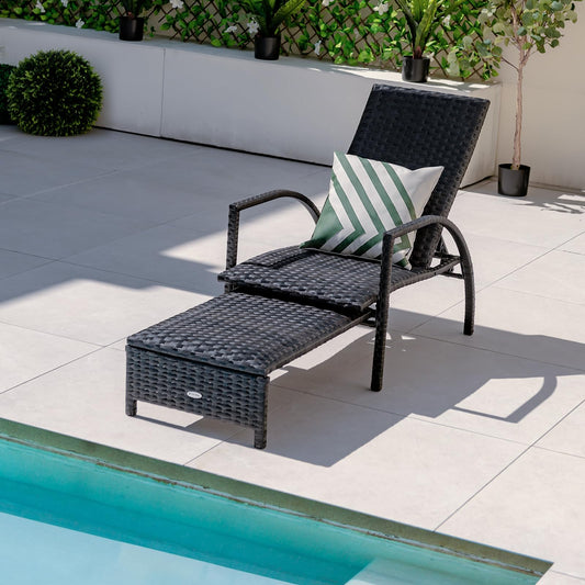 Tangkula Patio Chaise Lounge, Outdoor Rattan Lounge Chair with Retractable Ottoman - NP10986BN