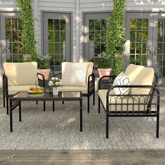 Tangkula 4 Pieces Patio Furniture Set, Outdoor Wicker Conversation Bistro Set - HW71622BN+