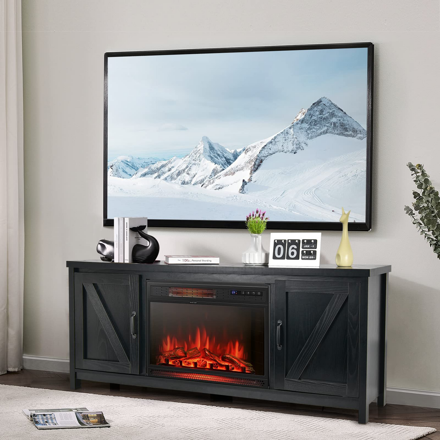 Tangkula Fireplace TV Stand for TVs Up to 65 Inch, Fireplace Media Console Table with Barn Doors, Electric Heater with Adjustable Brightness & Remote - HV10085BK+FP10047US