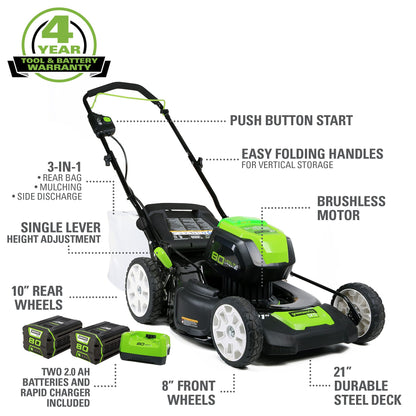 Greenworks Pro 80V 21" Brushless Push Lawn Mower w/ (2) 2.0Ah Batteries & Rapid Charger - 2500402