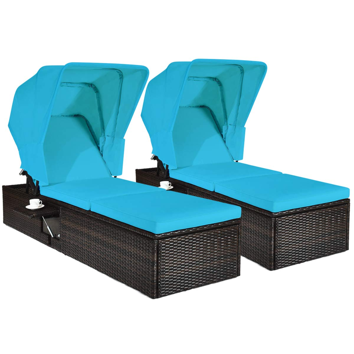 Tangkula Outdoor Chaise Lounge Chair with Folding Canopy, Adjustable Cushioned Reclining Chair with Flip-up Tea Table - HW63197+