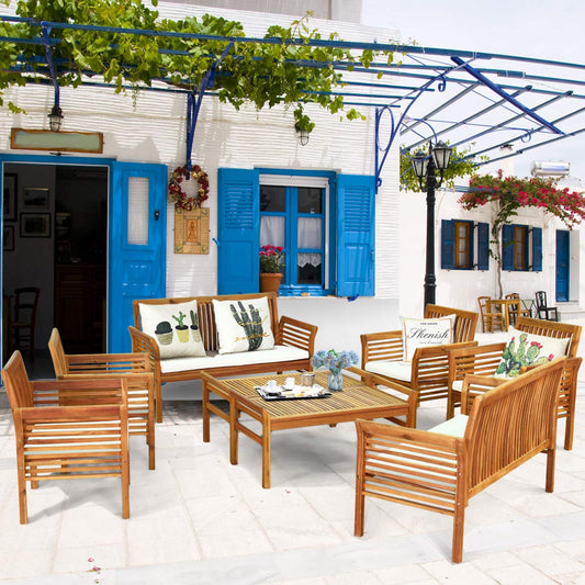 Tangkula 4 or 8 Piece Outdoor Acacia Wood Sofa Set, Padded Patio Conversation Table Chair Set - HW63884