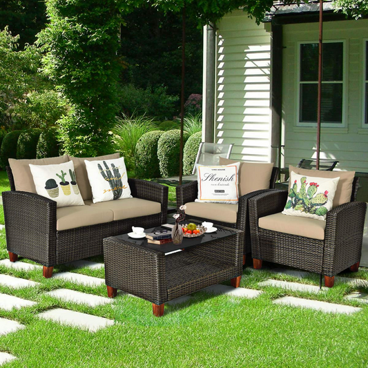Tangkula 4-Piece Patio Rattan Furniture Set, Outdoor Wicker Conversation Set - HW64145+