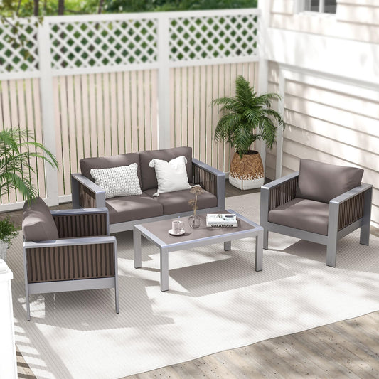 Tangkula Patio Aluminum Loveseat Sofa, Outdoor Furniture Set with Thick Back & Seat Cushions (Gray) - NP11417GR
