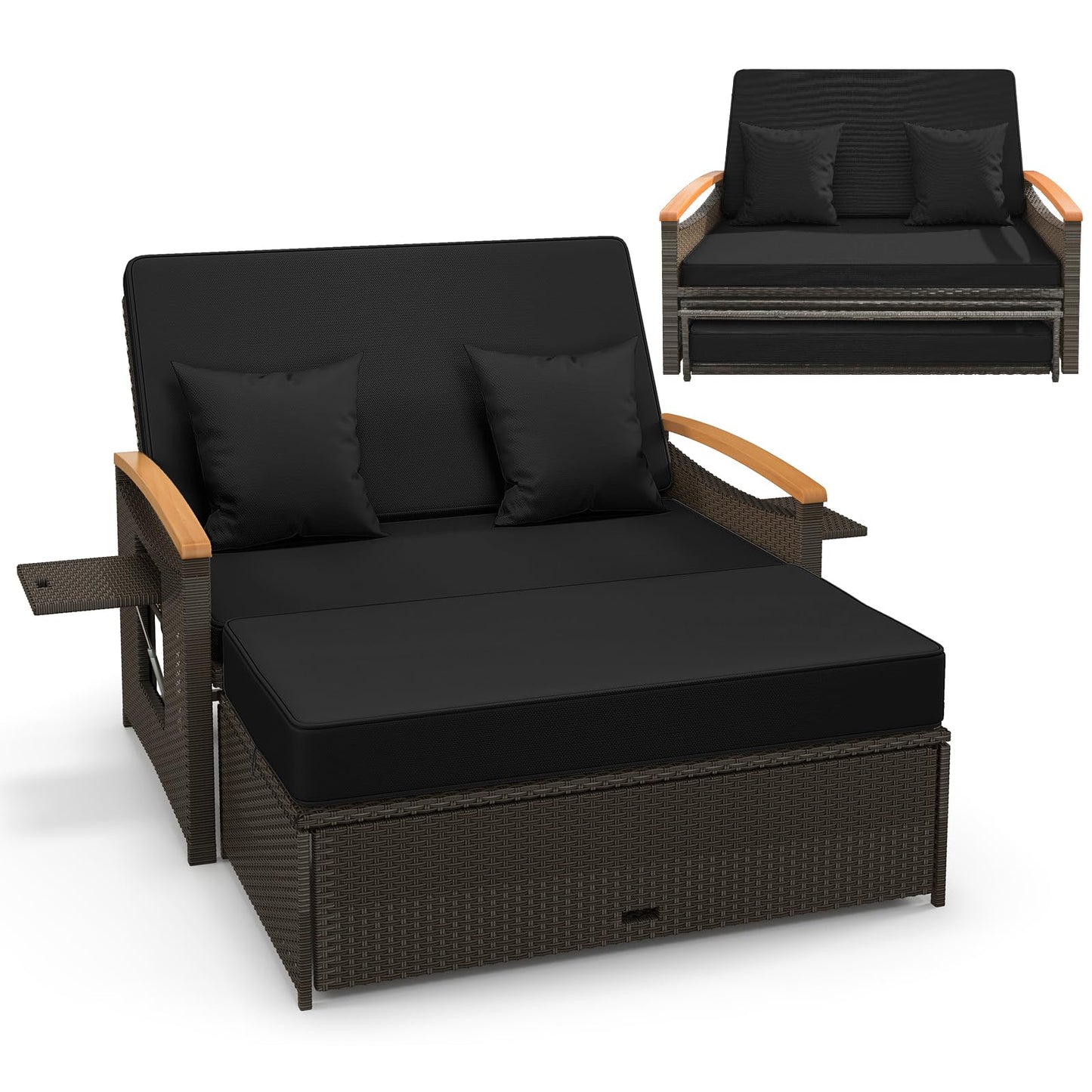 Tangkula Patio Rattan Daybed Set with Cushioned Loveseat and Storage Ottoman - HW71627BN+