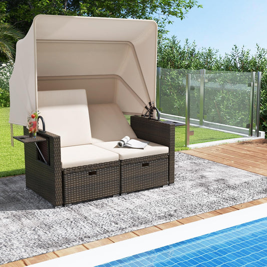 Tangkula Outdoor Patio Rattan Daybed w/Retractable Canopy & Adjustable Backrests - HW72573BN+