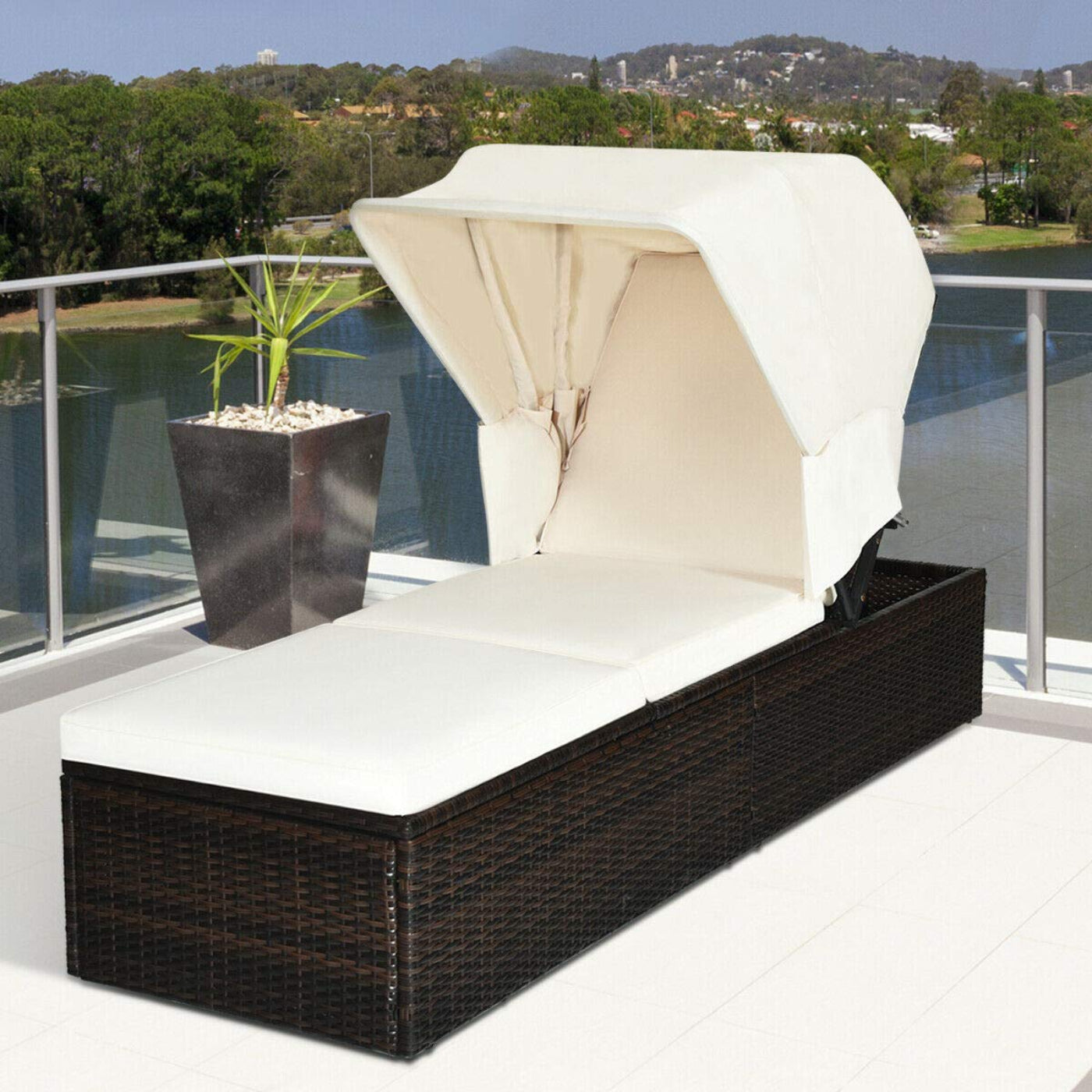 Tangkula Outdoor Chaise Lounge Chair with Folding Canopy, Adjustable Cushioned Reclining Chair with Flip-up Tea Table - HW63197+