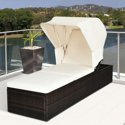 Tangkula Outdoor Chaise Lounge Chair with Folding Canopy, Adjustable Cushioned Reclining Chair with Flip-up Tea Table - HW63197+