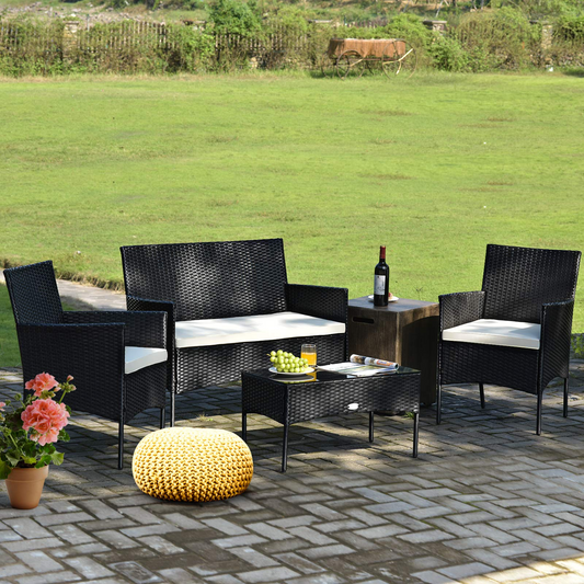 Tangkula Patio Furniture Set, Outdoor Wicker Conversation Set with Tempered Glass Coffee Table - HW65357