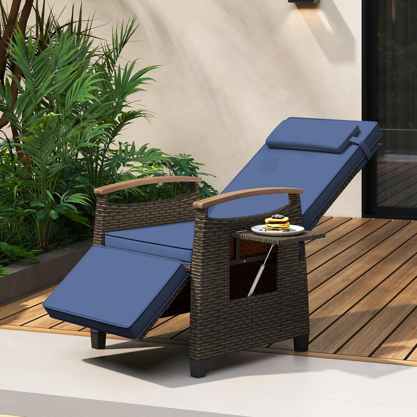 Tangkula Patio Wicker Recliner Chair, Rattan Lounge Chair w/Adjustable Backrest & Footrest - HW72339NY