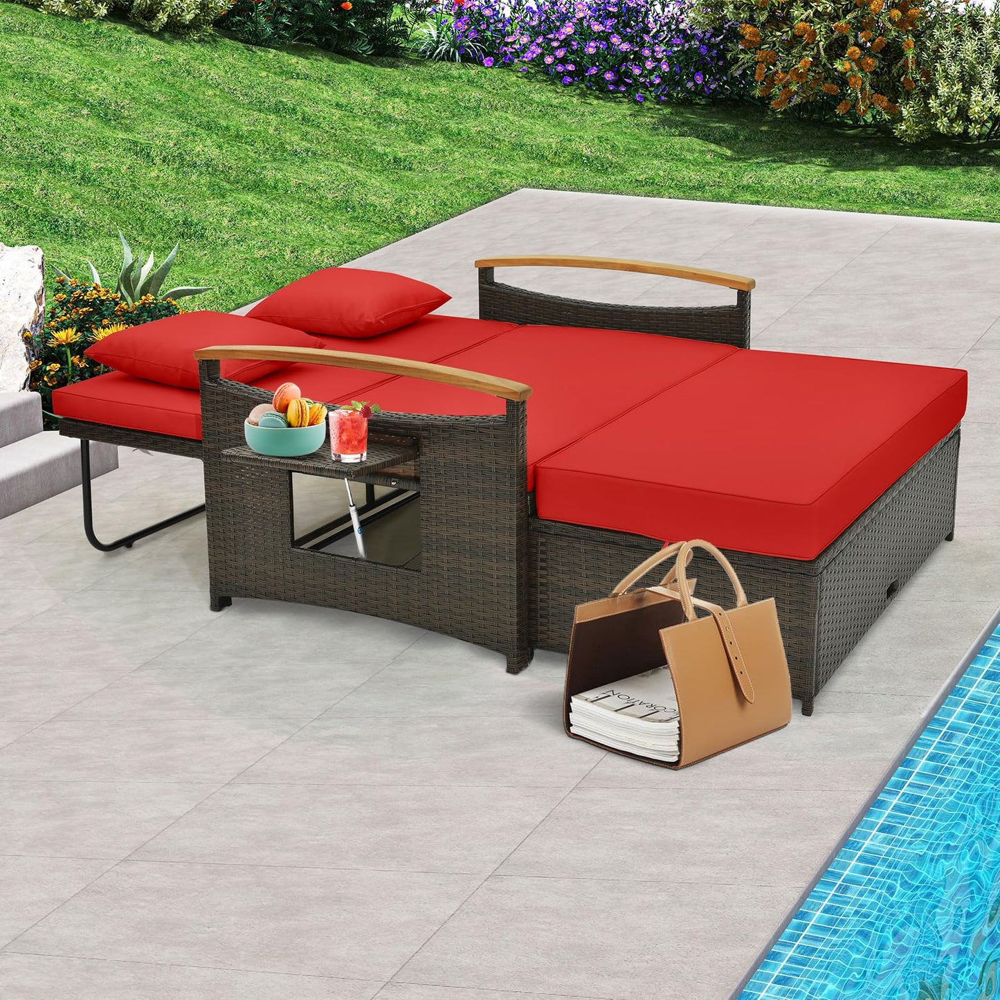 Tangkula Patio Rattan Daybed Set with Cushioned Loveseat and Storage Ottoman - HW71627BN+