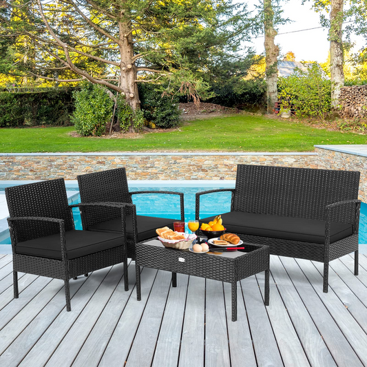 Tangkula 4 Piece Patio Rattan Conversation Set, Black - HW68938