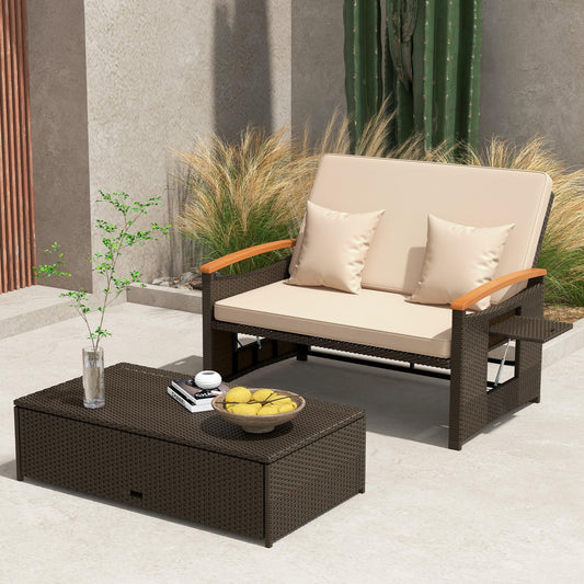 Tangkula Patio Rattan Daybed Set with Cushioned Loveseat and Storage Ottoman - HW71627BN+