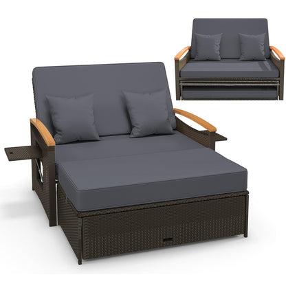 Tangkula Patio Rattan Daybed Set with Cushioned Loveseat and Storage Ottoman - HW71627BN+