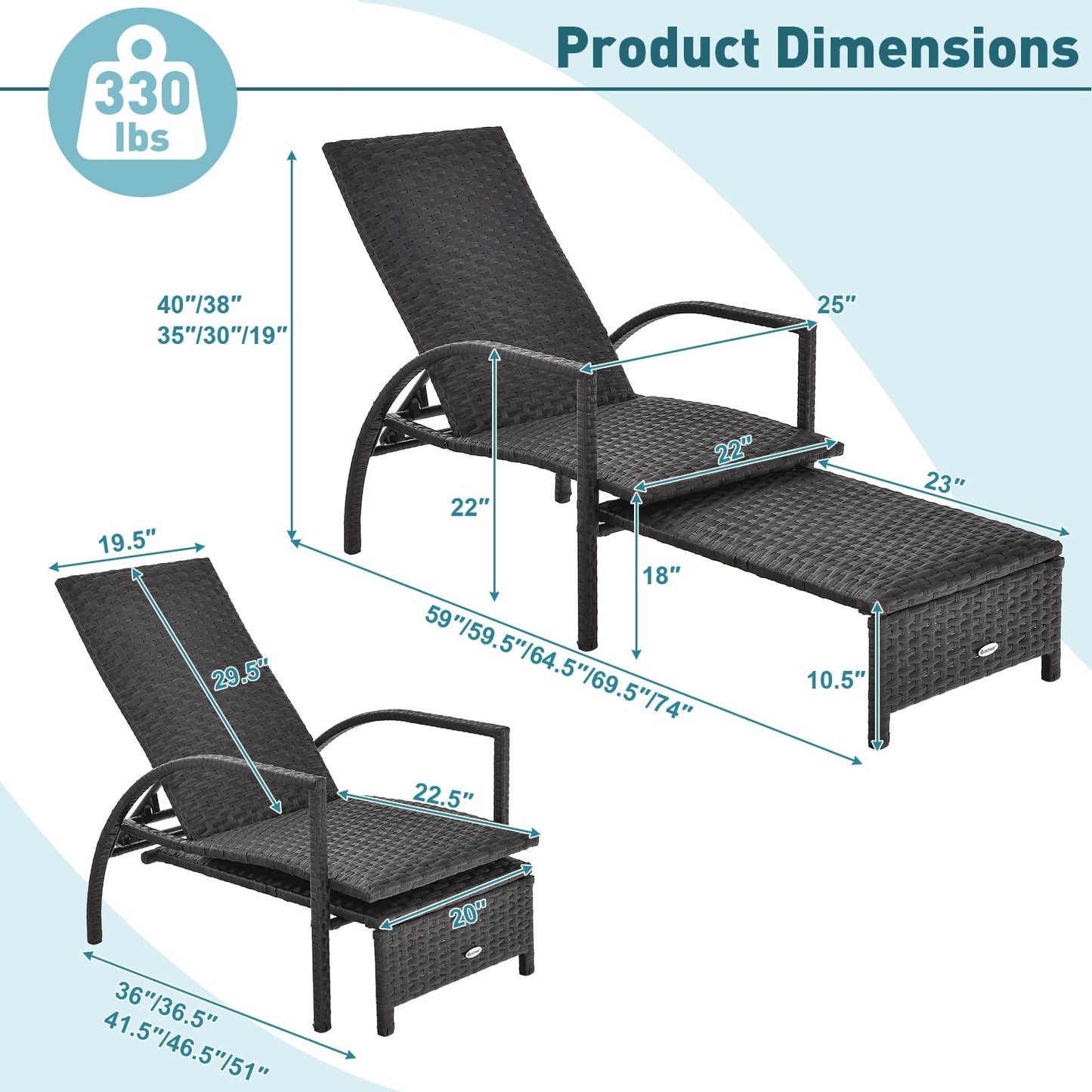 Tangkula Patio Chaise Lounge, Outdoor Rattan Lounge Chair with Retractable Ottoman - NP10986BN
