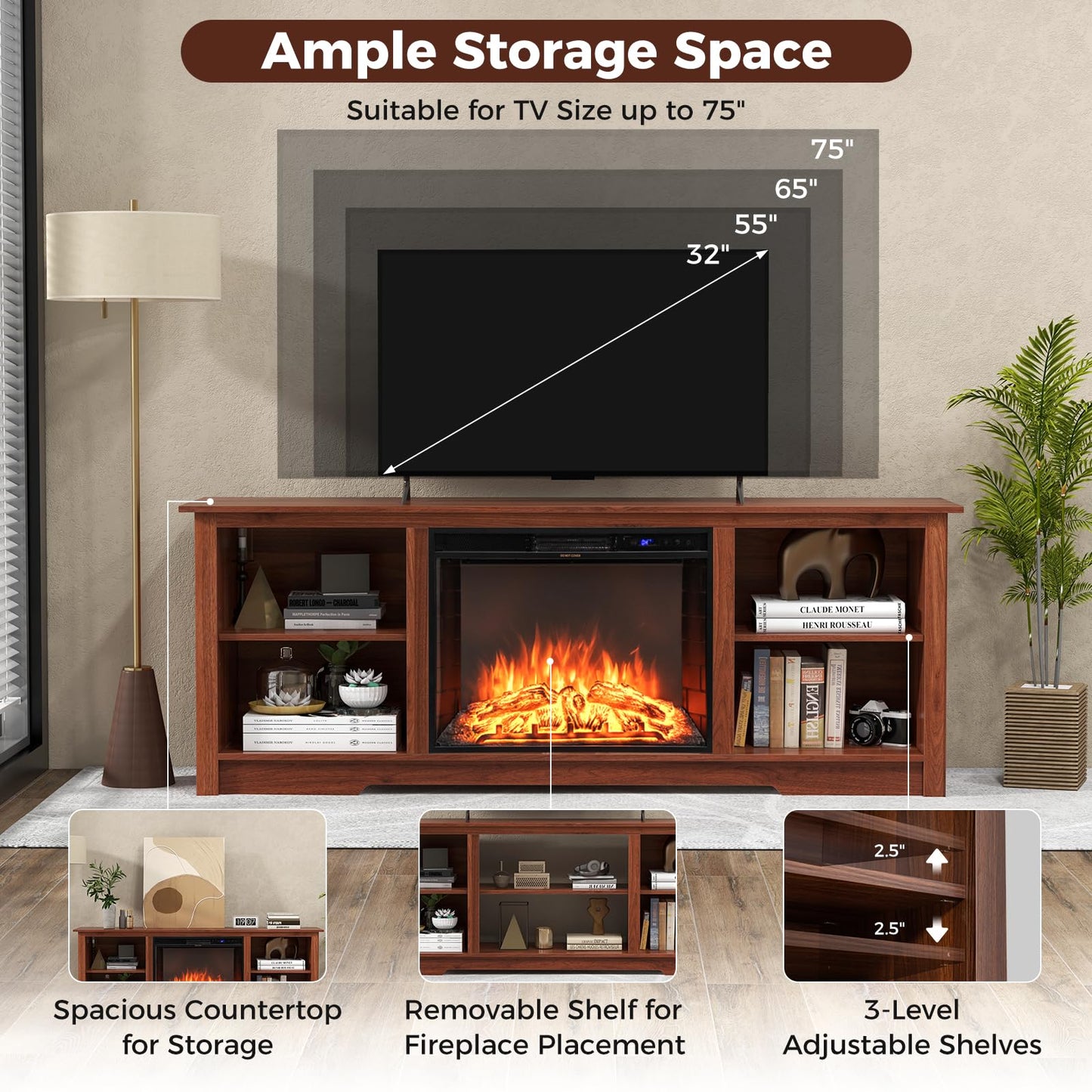 Tangkula Fireplace TV Stand for 75 Inches TV - HV10501CF+FP10378US