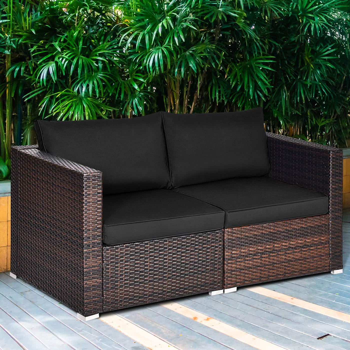 Tangkula Wicker Loveseat 2 Piece, Patio Furniture Couch with Removable Cushions - HW66869BK+