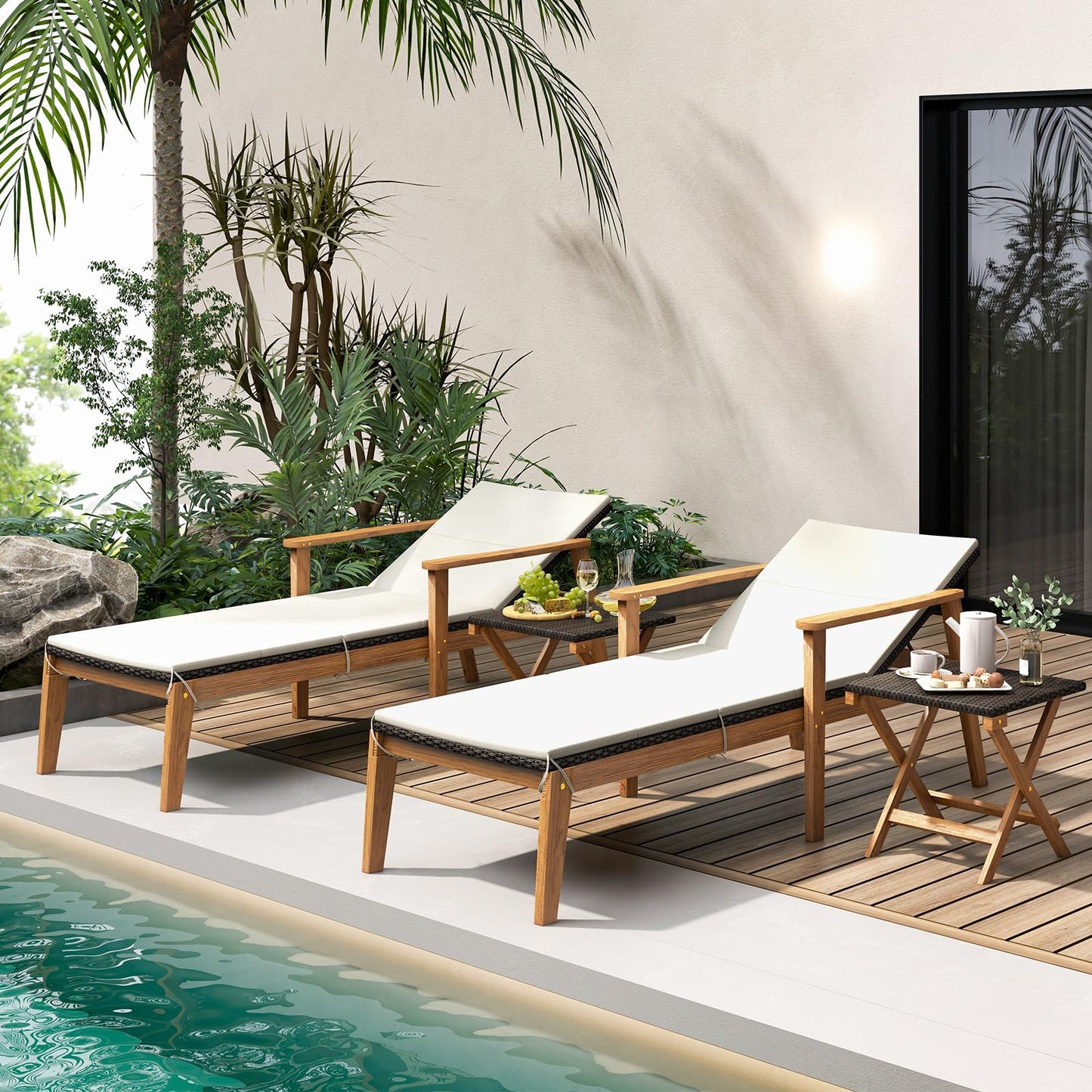 Tangkula Outdoor Chaise Lounge Chair Set, Rattan Patio Chaise with Armrests & 4-Level Backrest - HW72138-2