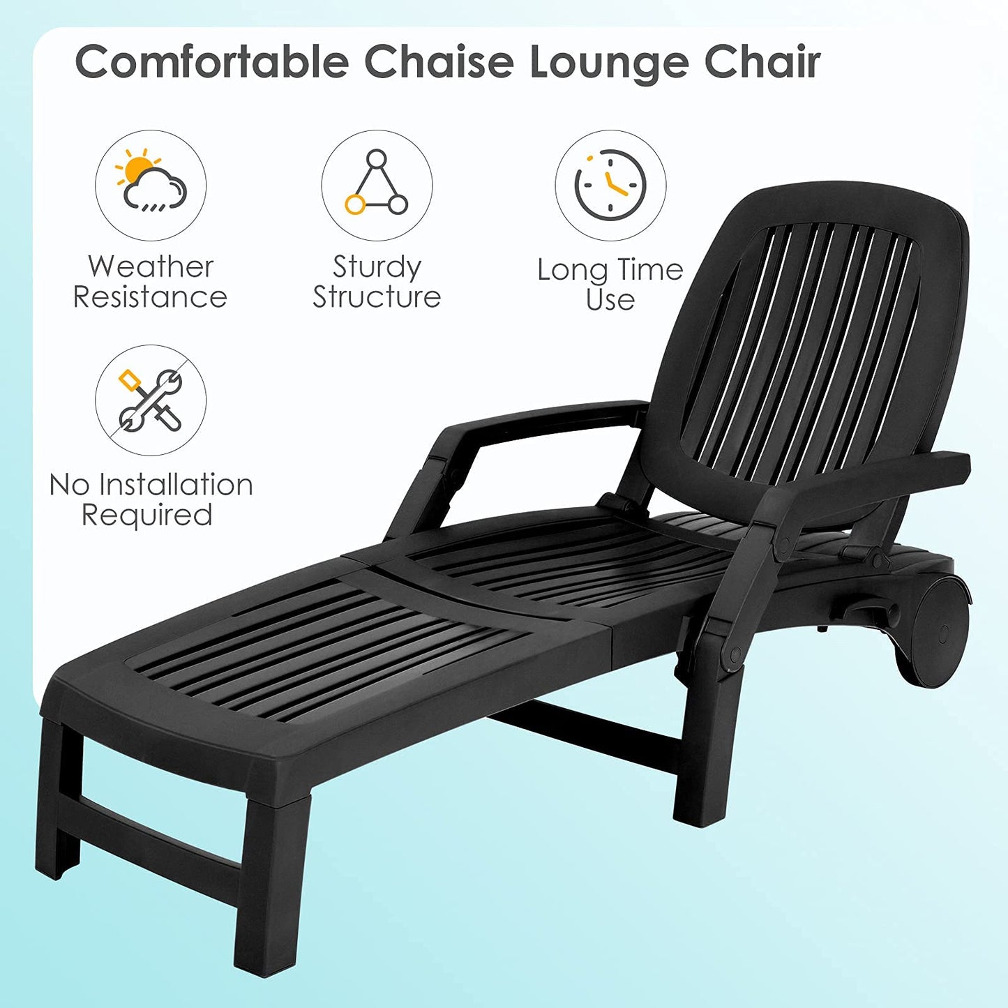 Tangkula Outdoor Chaise Lounge Chair, 5-Position Adjustable Recliner with Storage Box and Flexible Wheels - OP70717BK