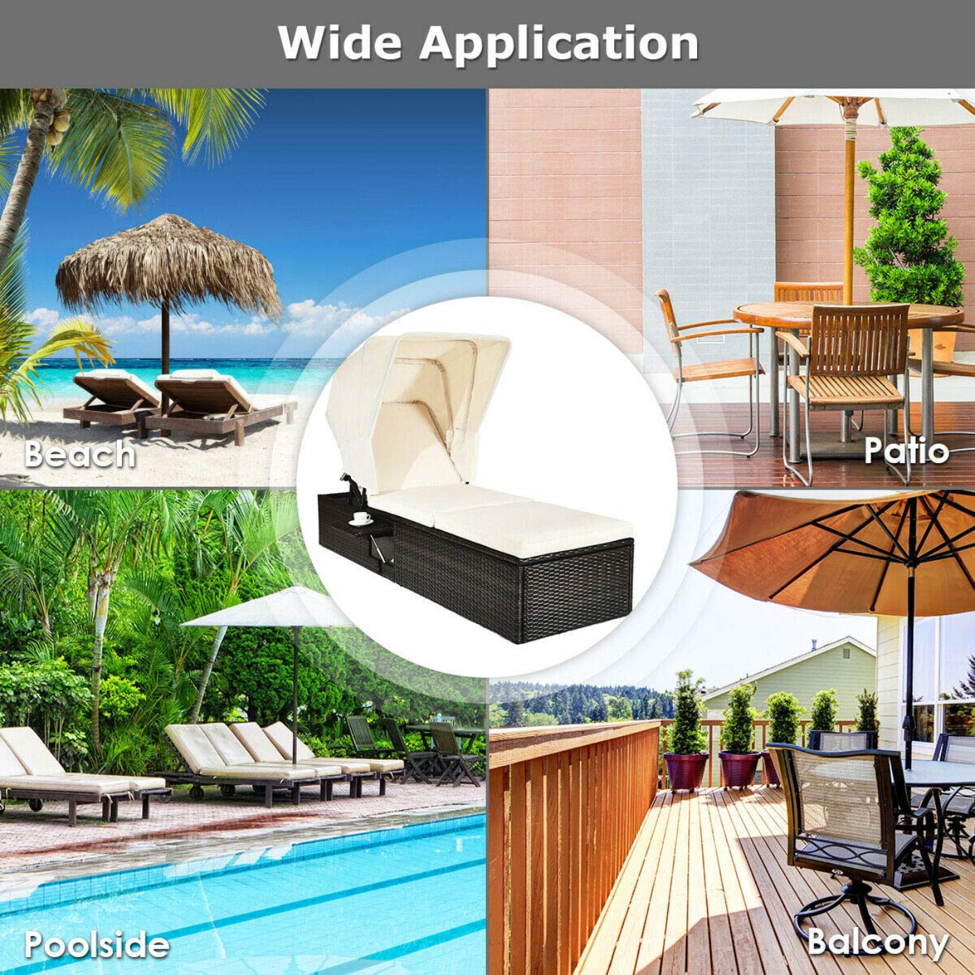 Tangkula Outdoor Chaise Lounge Chair with Folding Canopy, Adjustable Cushioned Reclining Chair with Flip-up Tea Table - HW63197+