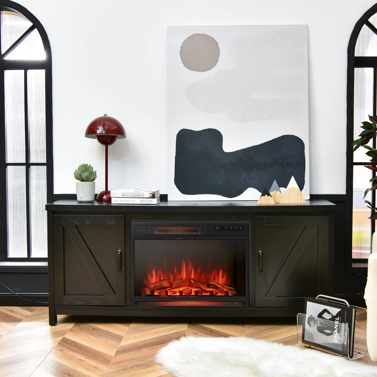 Tangkula Fireplace TV Stand for TVs Up to 65 Inch, Fireplace Media Console Table with Barn Doors, Electric Heater with Adjustable Brightness & Remote - HV10085BK+FP10047US