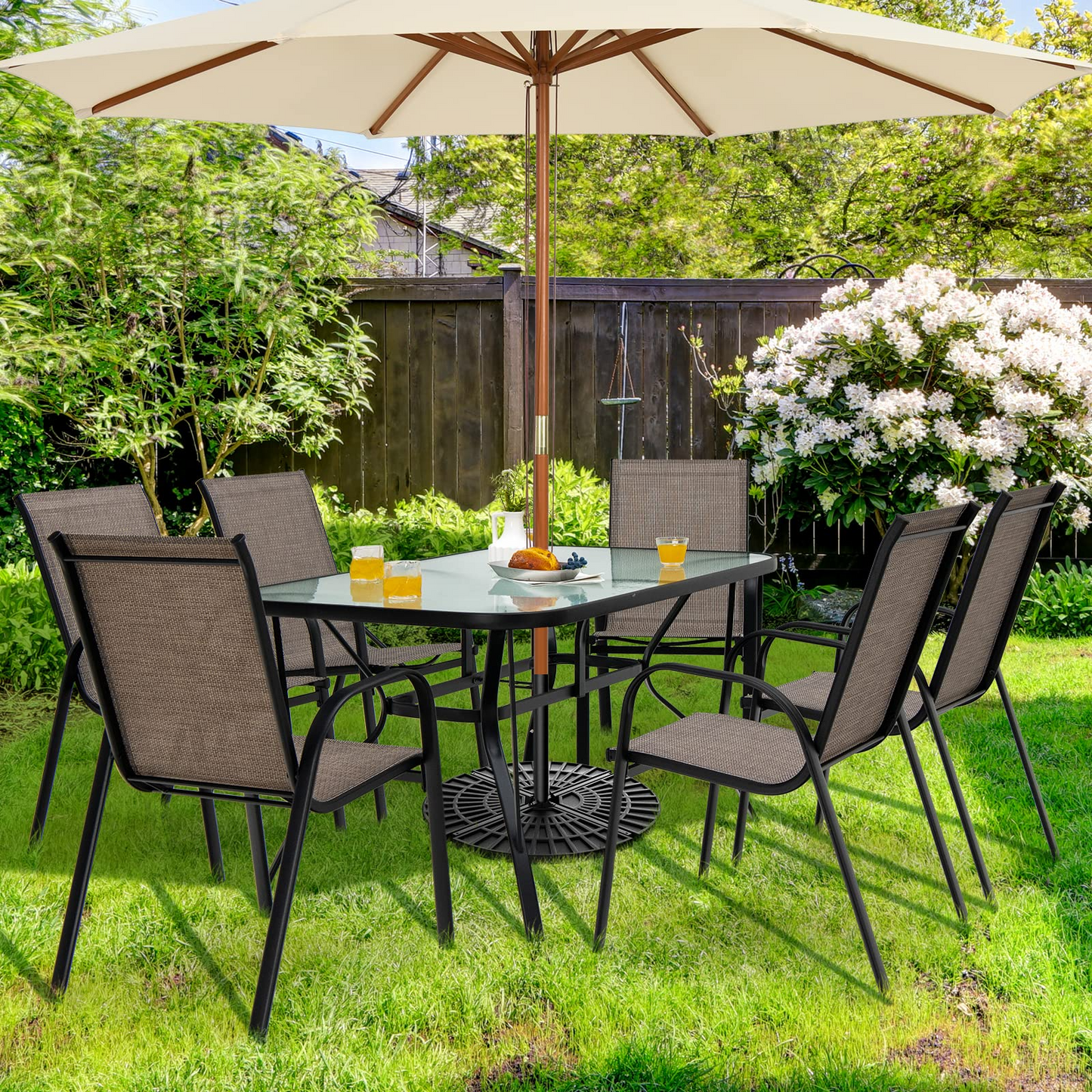 Tangkula Outdoor Furniture Set with 6 Stackable Armchairs & Dining Table - NP10407+