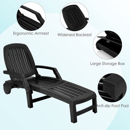 Tangkula Outdoor Chaise Lounge Chair, 5-Position Adjustable Recliner with Storage Box and Flexible Wheels - OP70717BK