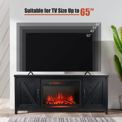 Tangkula Fireplace TV Stand for TVs Up to 65 Inch, Fireplace Media Console Table with Barn Doors, Electric Heater with Adjustable Brightness & Remote - HV10085BK+FP10047US