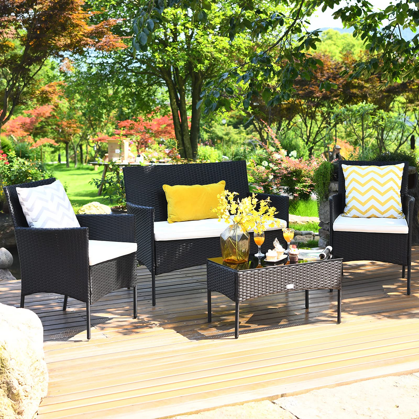 Tangkula Patio Furniture Set, Outdoor Wicker Conversation Set with Tempered Glass Coffee Table - HW65357
