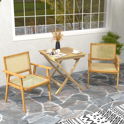 Tangkula Outdoor Wood Chair, Teak Wood Armchair with Rattan Seat & Back - JV11366