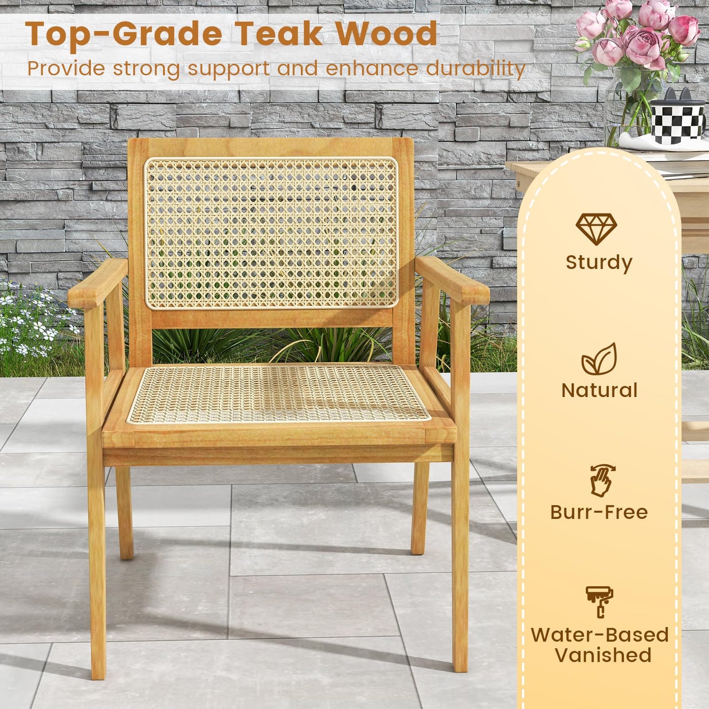 Tangkula Outdoor Wood Chair, Teak Wood Armchair with Rattan Seat & Back - JV11366
