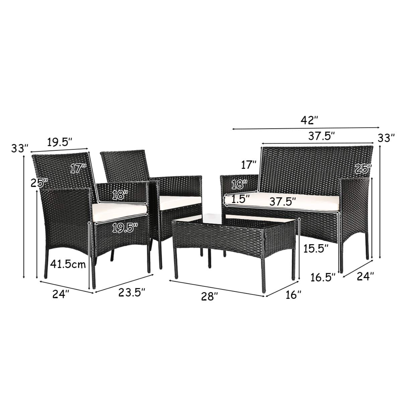 Tangkula Patio Furniture Set, Outdoor Wicker Conversation Set with Tempered Glass Coffee Table - HW65357