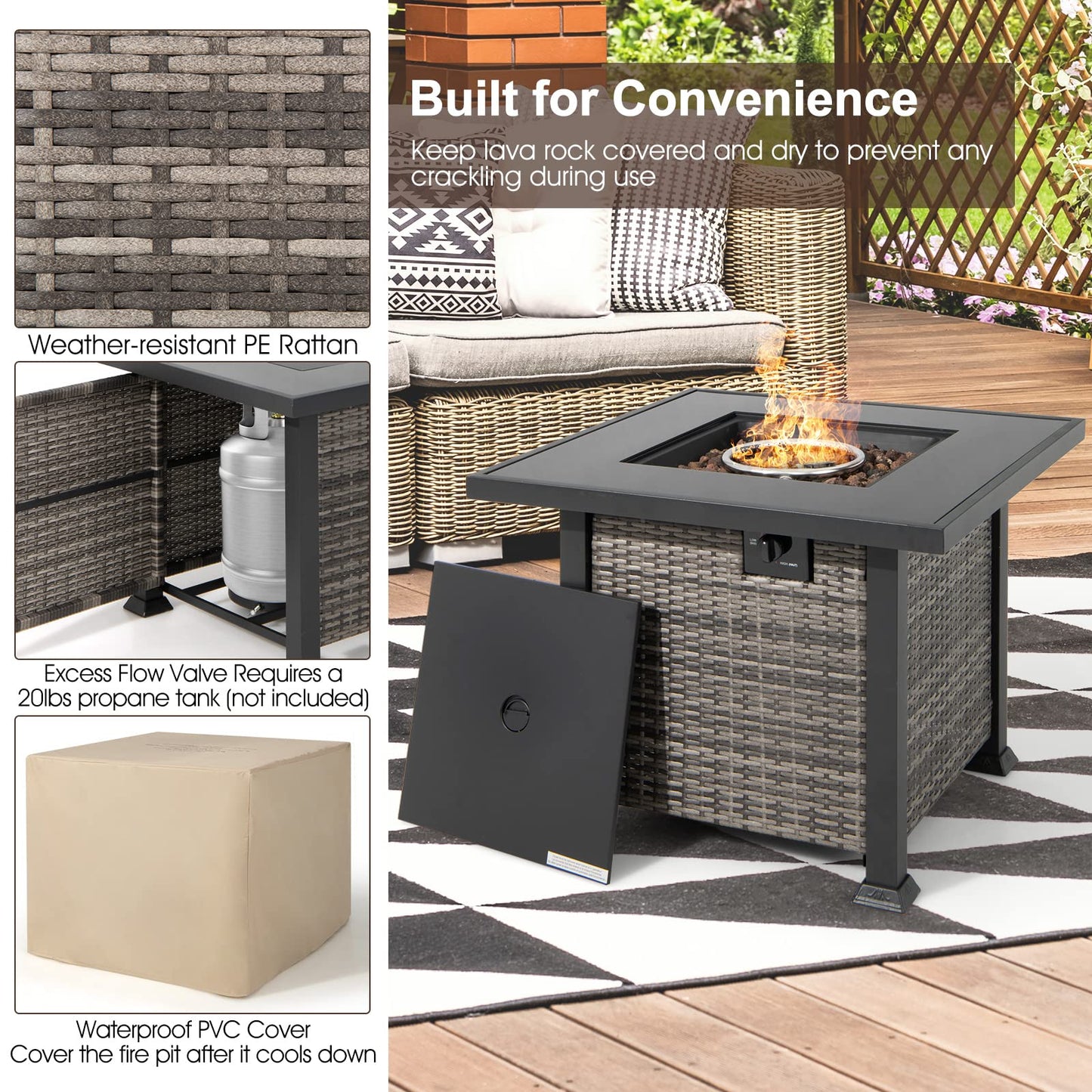 Tangkula 9 Pieces Patio Furniture Set with 50,000 BTU Propane Fire Pit Table - NP10618GR+HW68592DK+
