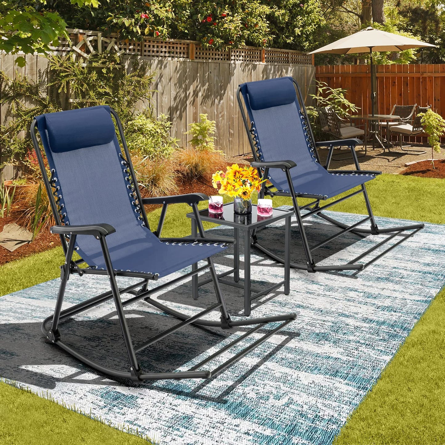 Tangkula Outdoor Folding Rocking Chair, No Assembly Required, Foldable Rocker Recliner with Headrest - OP3564BL