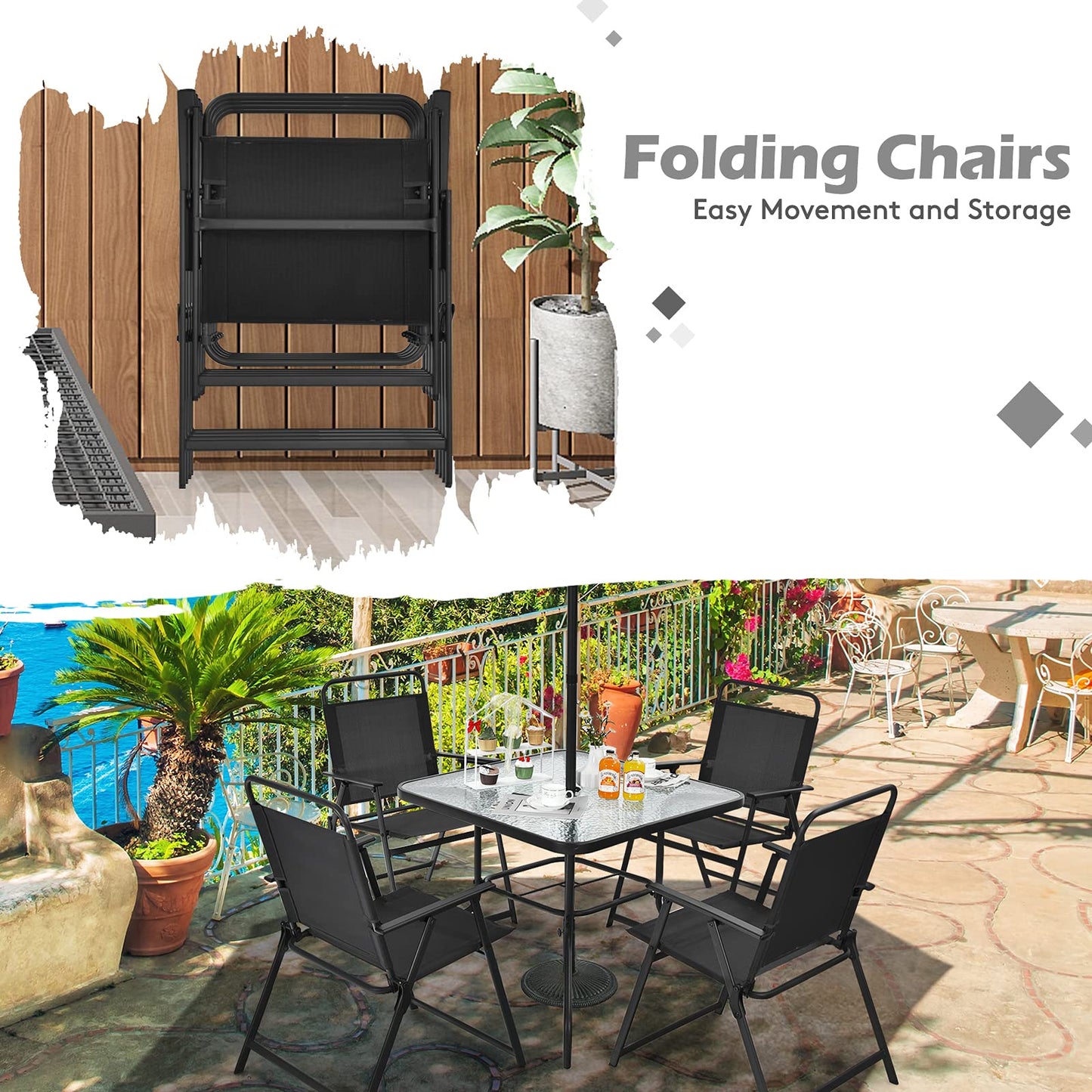 Tangkula 6 Pieces Patio Dining Set with Umbrella, Outdoor Table and Chair Set - NP10069WL-GR