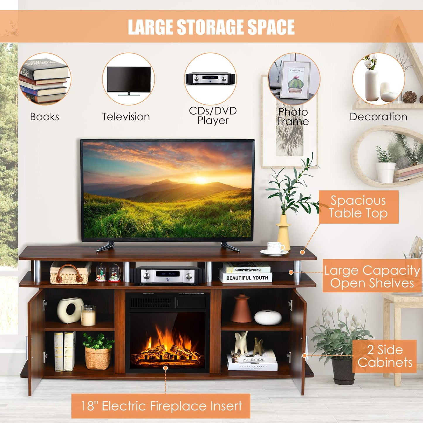 Tangkula Fireplace TV Stand, Living Room Media Console Table - HW66558CF+EP24789