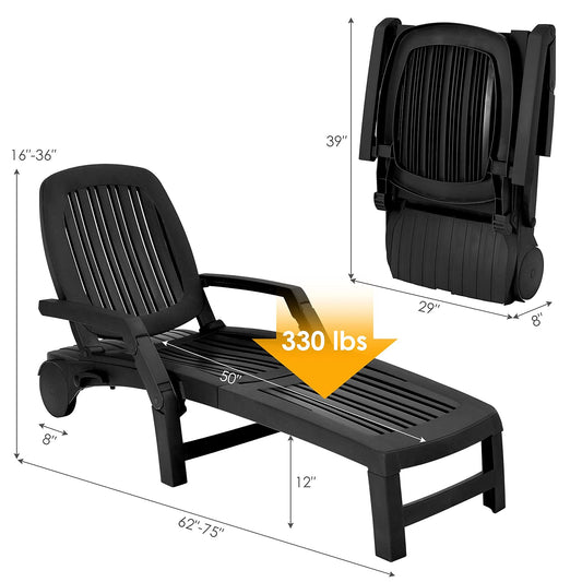 Tangkula Outdoor Chaise Lounge Chair, 5-Position Adjustable Recliner with Storage Box and Flexible Wheels - OP70717BK