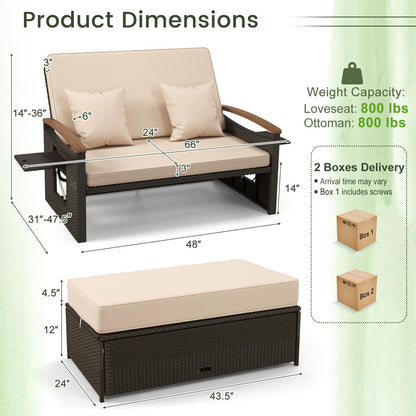 Tangkula Patio Rattan Daybed Set with Cushioned Loveseat and Storage Ottoman - HW71627BN+