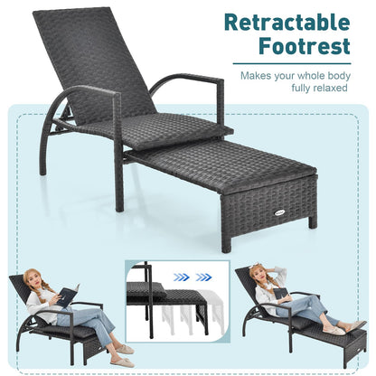 Tangkula Patio Chaise Lounge, Outdoor Rattan Lounge Chair with Retractable Ottoman - NP10986BN