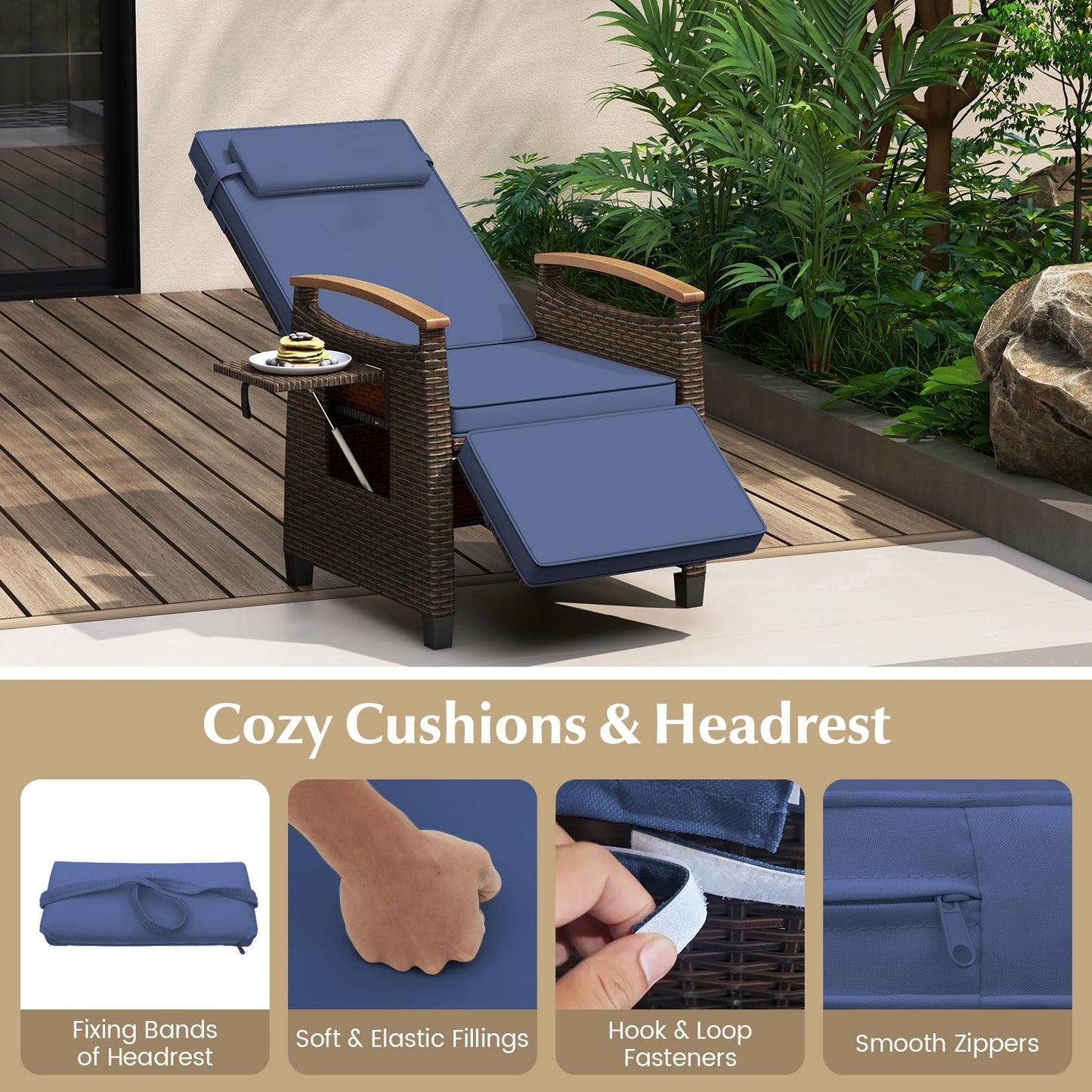 Tangkula Patio Wicker Recliner Chair, Rattan Lounge Chair w/Adjustable Backrest & Footrest - HW72339NY