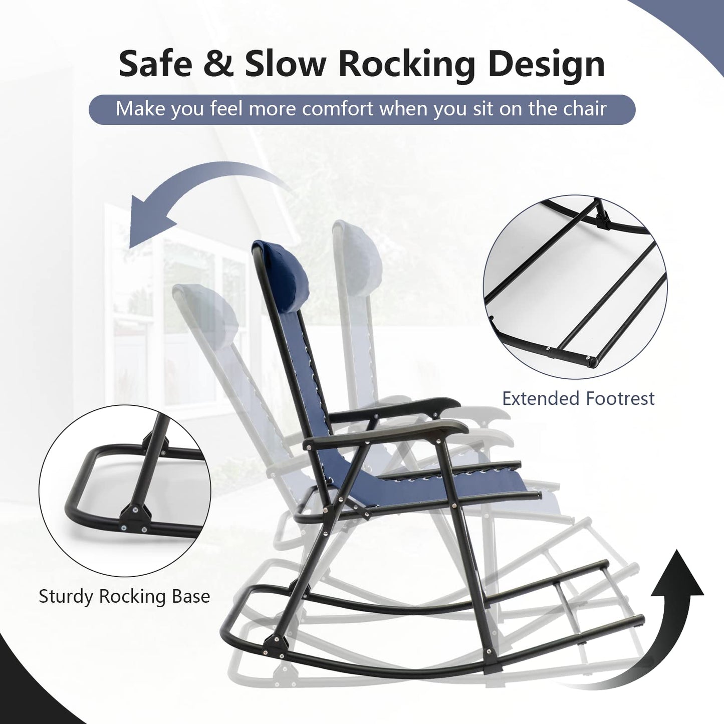 Tangkula Outdoor Folding Rocking Chair, No Assembly Required, Foldable Rocker Recliner with Headrest - OP3564BL