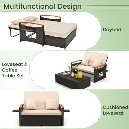 Tangkula Patio Rattan Daybed Set with Cushioned Loveseat and Storage Ottoman - HW71627BN+