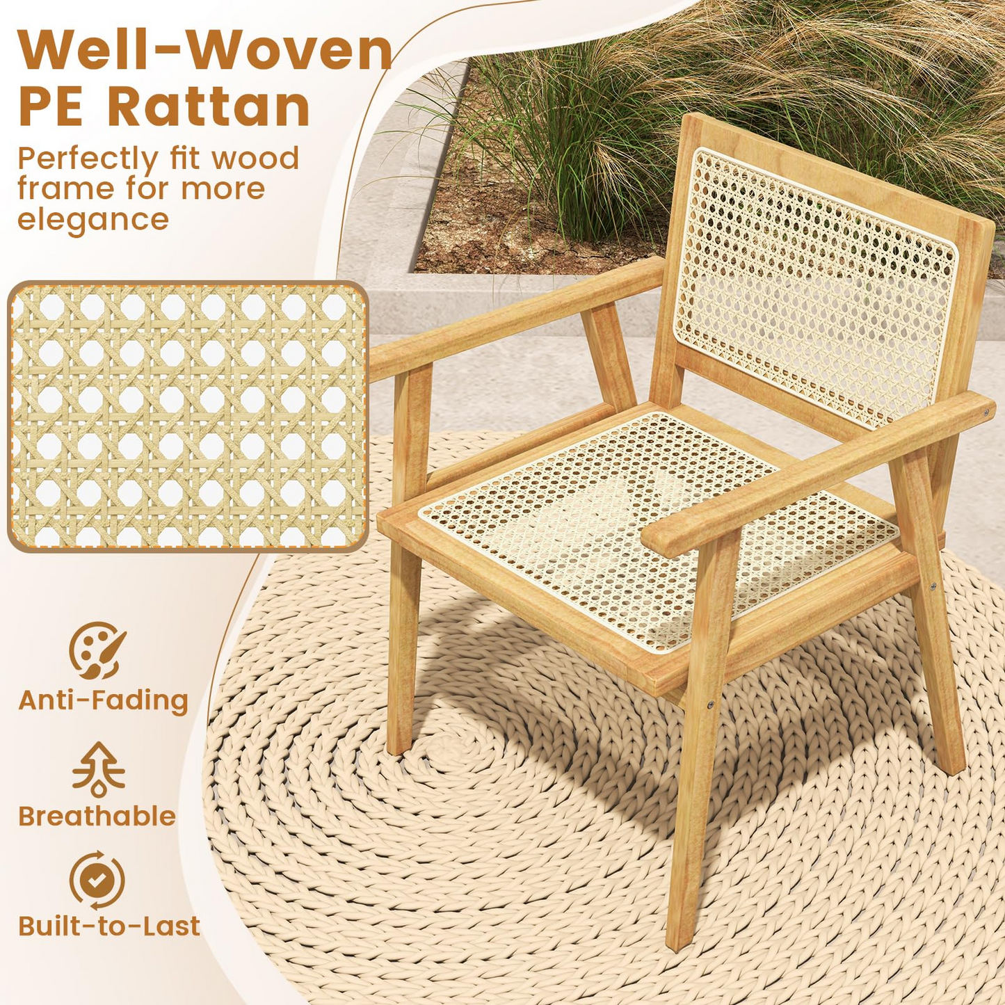 Tangkula Outdoor Wood Chair, Teak Wood Armchair with Rattan Seat & Back - JV11366