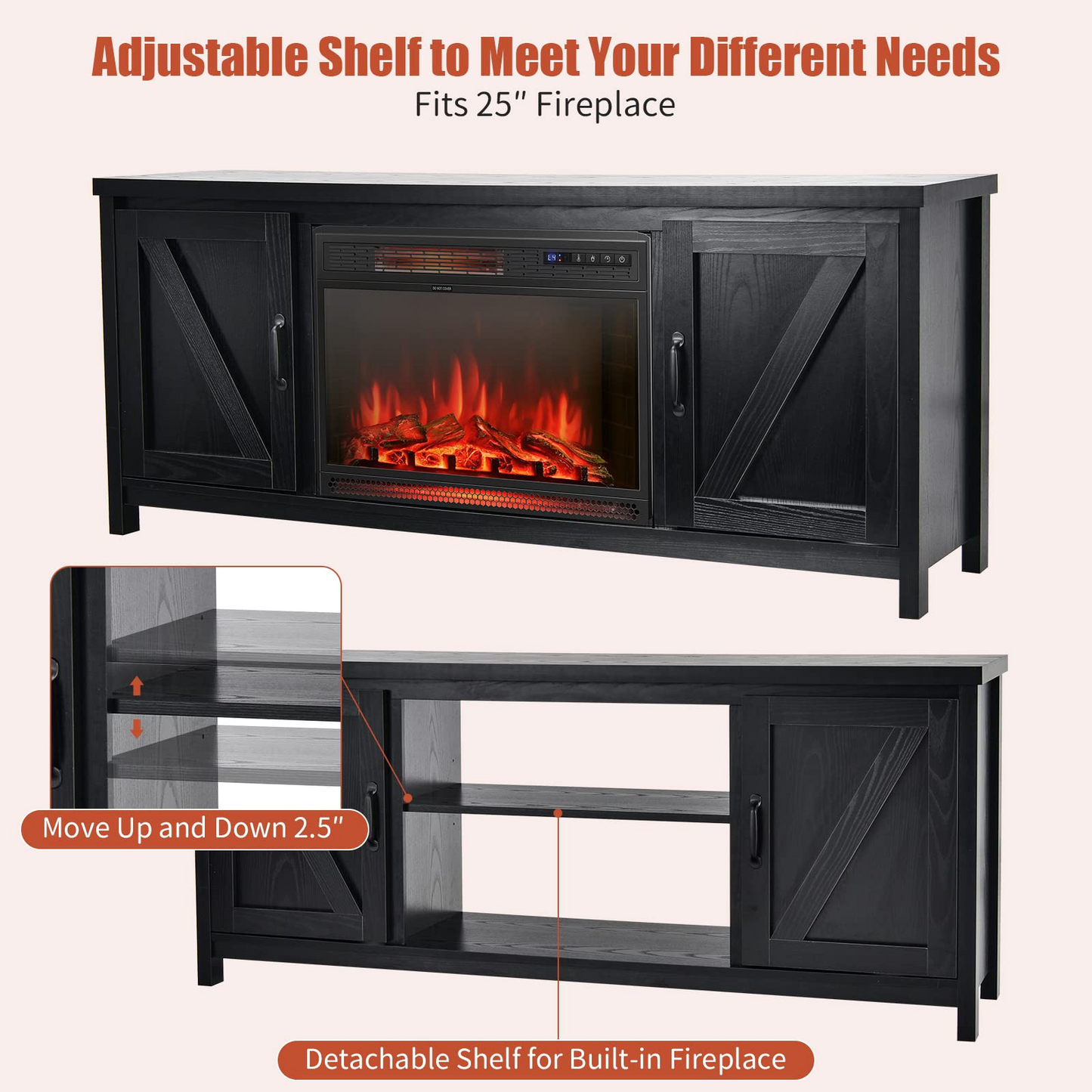 Tangkula Fireplace TV Stand for TVs Up to 65 Inch, Fireplace Media Console Table with Barn Doors, Electric Heater with Adjustable Brightness & Remote - HV10085BK+FP10047US