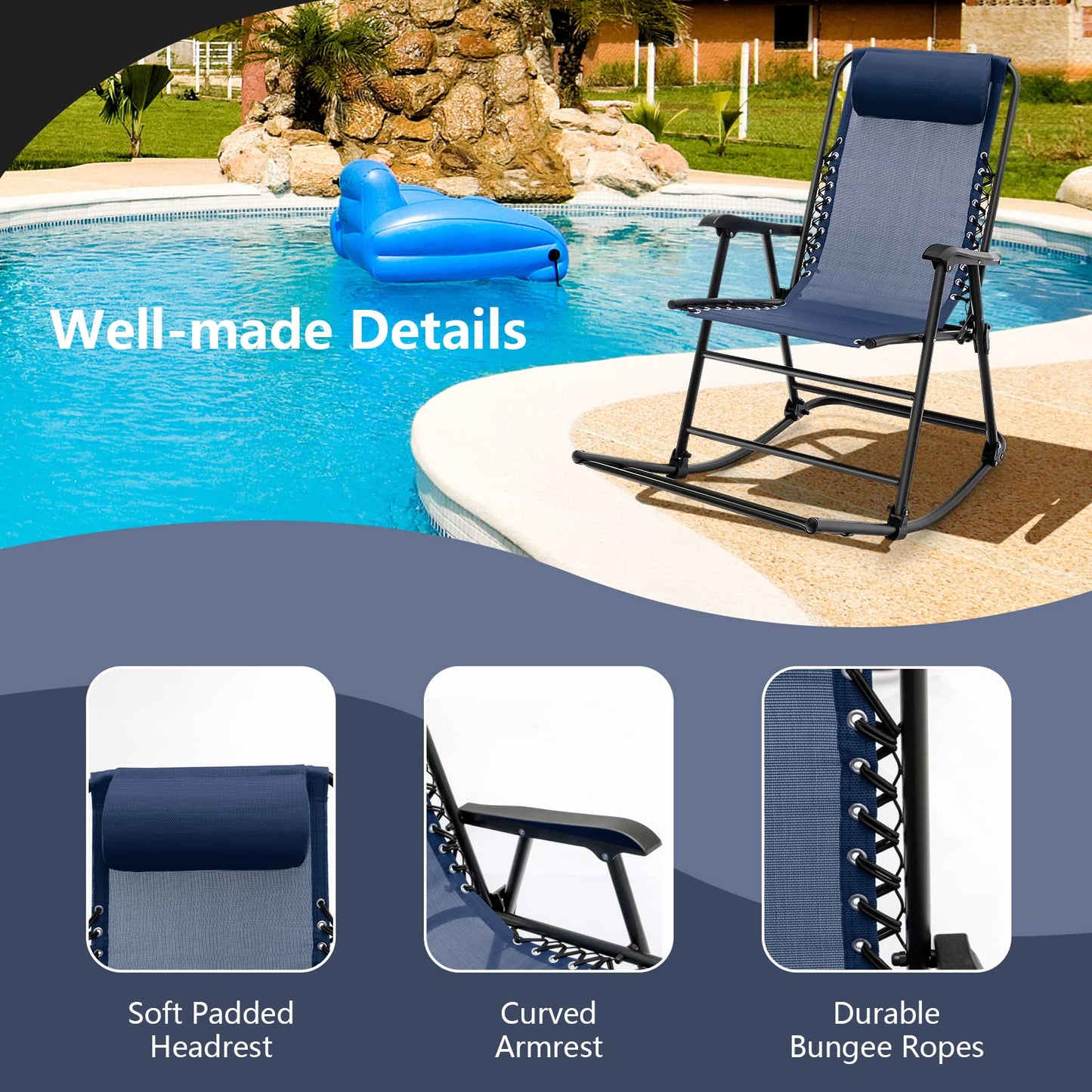 Tangkula Outdoor Folding Rocking Chair, No Assembly Required, Foldable Rocker Recliner with Headrest - OP3564BL
