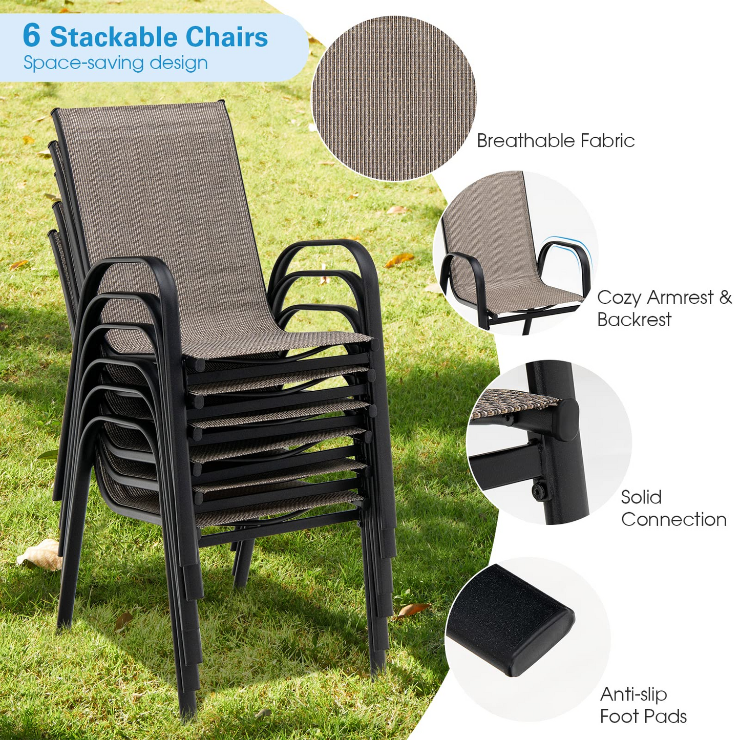 Tangkula Outdoor Furniture Set with 6 Stackable Armchairs & Dining Table - NP10407+