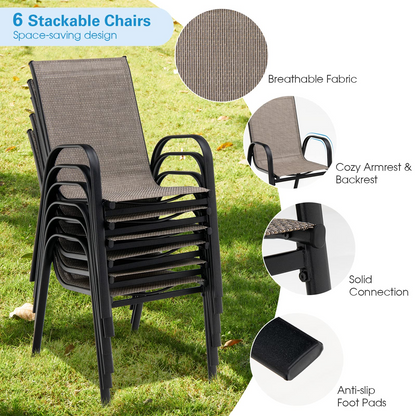 Tangkula Outdoor Furniture Set with 6 Stackable Armchairs & Dining Table - NP10407+