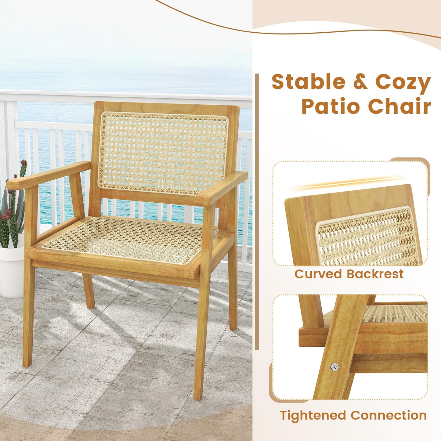 Tangkula Outdoor Wood Chair, Teak Wood Armchair with Rattan Seat & Back - JV11366
